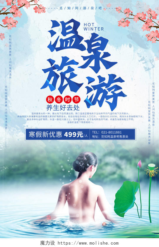 蓝色清新风温泉旅游海报旅游宣传单海报温泉海报